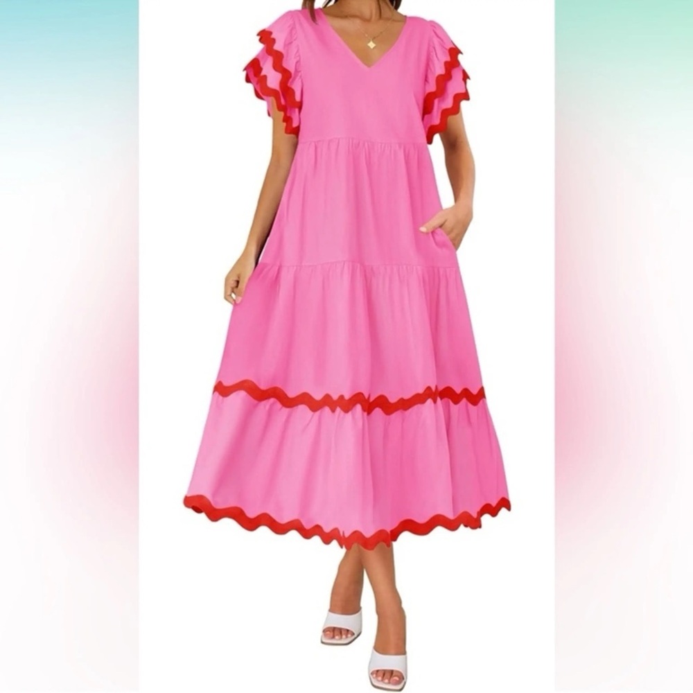 ZESICA Summer V Neck Flutter Sleeve Ruffle Tiered Flowy Beach Midi Dress Pink XL